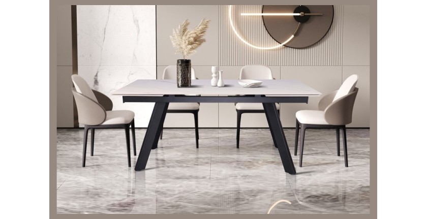 Table à manger collection LAROS en métal avec plateau blanc en pierre extensible jusqu'à 240cm