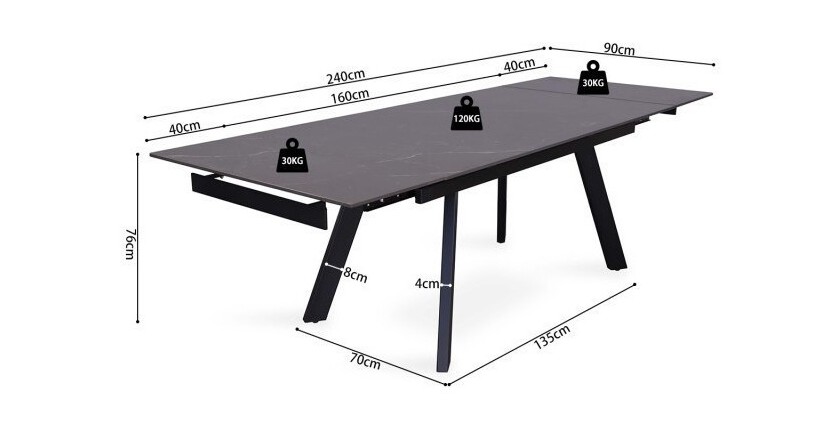 Table à manger collection LAROS en métal avec plateau noir en pierre extensible jusqu'à 240cm