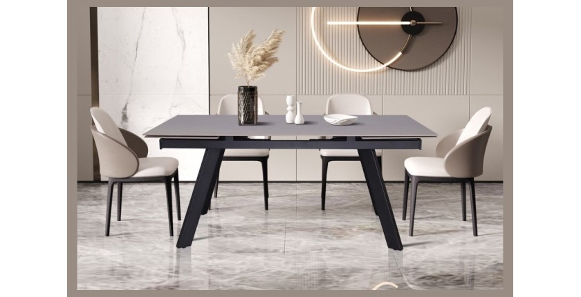 Table à manger collection LAROS en métal avec plateau noir en pierre extensible jusqu'à 240cm