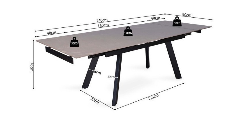 Table à manger collection LAROS en métal avec plateau noir en pierre extensible jusqu'à 240cm