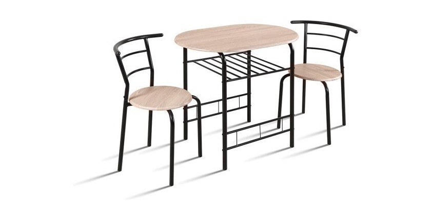 Table à manger ovale avec grille de rangement et ses 2 chaises idéal petit espace - Papier décor chêne sonoma