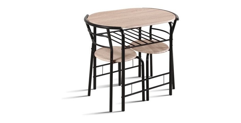 Table à manger ovale avec grille de rangement et ses 2 chaises idéal petit espace - Papier décor chêne sonoma