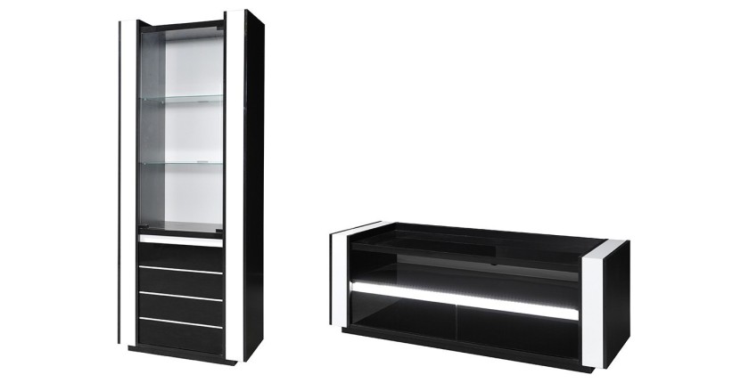 Ensemble LINA noir et blanc : vitrine et meuble TV avec LED