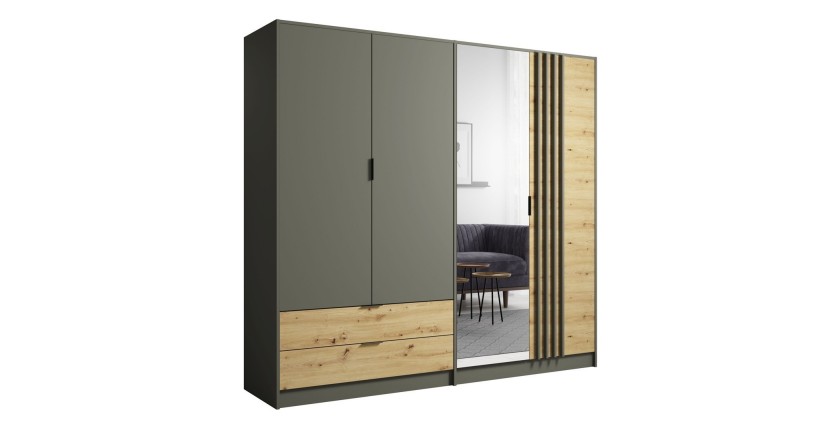 Chambre compléte design IZO : Armoire, lit 180x200, commode, chevets, chêne/gris anthracite