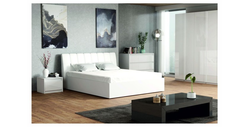 Ensemble chambre VERONA : Lit coffre 160x200 cm, commode 3 tiroirs, chevets, armoire 4 portes, blanc brillant