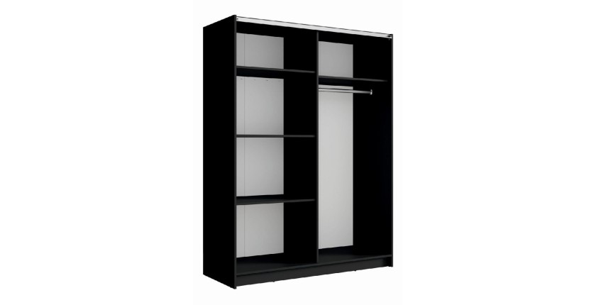 Armoire design 150cm coloris noir et chêne collection STRANO. Deux portes coulissantes. Dressing complet avec miroir.