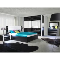 Lit adulte 180cm design LINA noir et blanc brillant + tête de lit en simili cuir