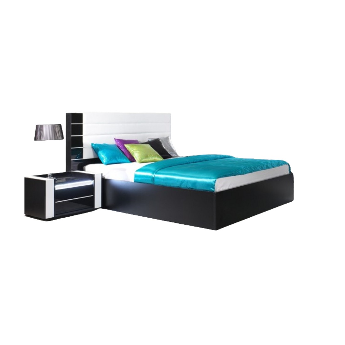 Lit adulte 180cm design LINA noir et blanc brillant + tête de lit en simili cuir