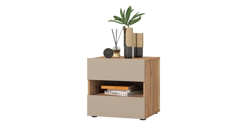 Table de chevet VOX 2 tiroirs et une niche, coloris chêne et beige