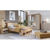 Ensemble Chambre à Coucher VOX – Lit 140x200, Commode, Table de Chevet, Armoire 200 cm avec LED