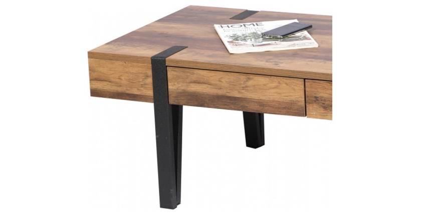 Table Basse LOVY – Bois avec Pieds en Métal, 2 Tiroirs