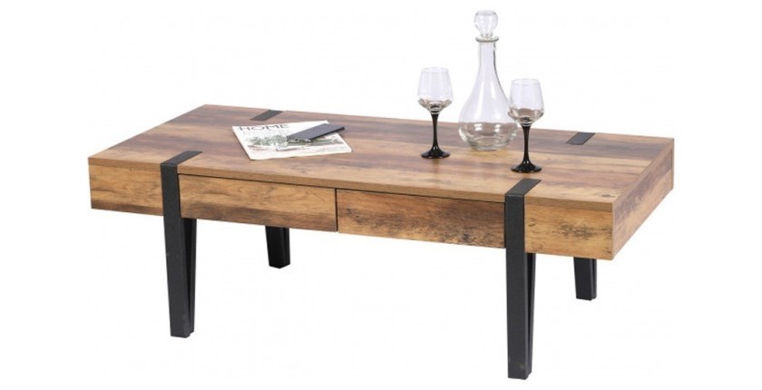 Table Basse LOVY – Bois avec Pieds en Métal, 2 Tiroirs