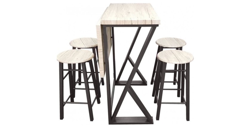 Ensemble Table Haute Pliable avec 4 Tabourets – GRANY – Chêne et Métal Noir