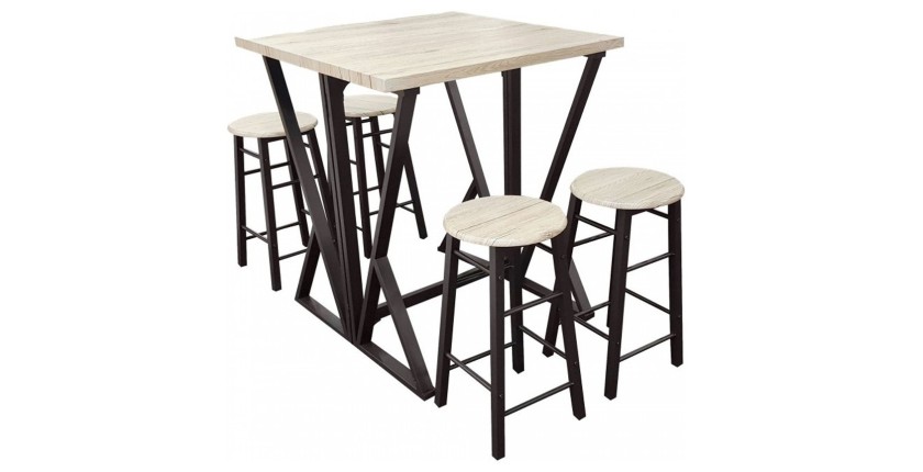 Ensemble Table Haute Pliable avec 4 Tabourets – GRANY – Chêne et Métal Noir