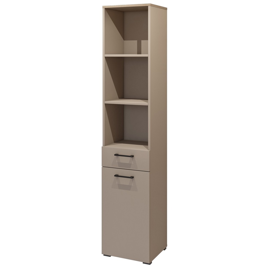 Meuble de rangement haut collection WASHING – 1 tiroir, 1 porte et 1 panier – Taupe et chêne