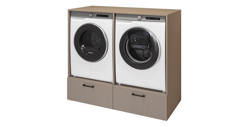 Ensemble de meuble de rangement pour machine à laver et sèche-linge collection WASHING – Taupe et chêne