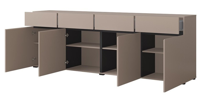 Buffet XL coloris beige et noir 225cm collection HAVANA. Bahut  design avec 4 portes et 4 tiroirs.