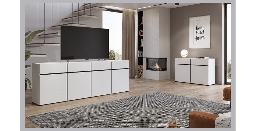 Buffet XL coloris blanc et noir 225cm collection HAVANA. Bahut  design avec 4 portes et 4 tiroirs.