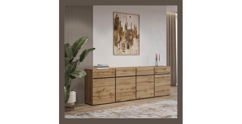 Buffet XL coloris chêne et noir 225cm collection HAVANA. Bahut  design avec 4 portes et 4 tiroirs.