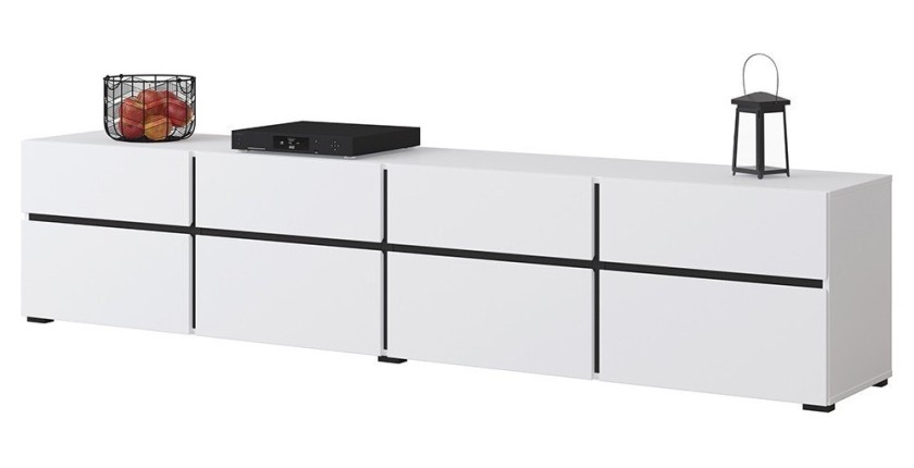 Meuble TV XL coloris blanc et noir 225cm collection HAVANA. Meuble design avec 4 portes et 4 tiroirs.