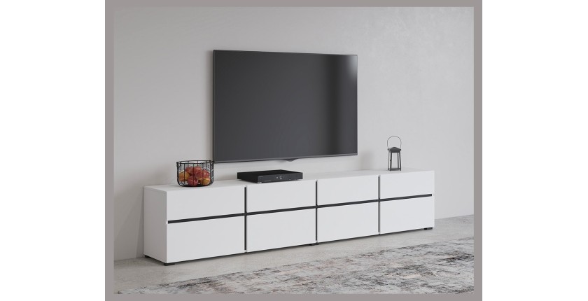 Meuble TV XL coloris blanc et noir 225cm collection HAVANA. Meuble design avec 4 portes et 4 tiroirs.