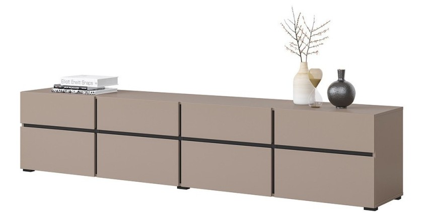 Meuble TV XL coloris beige et noir 225cm collection HAVANA. Meuble design avec 4 portes et 4 tiroirs.