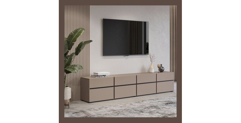 Meuble TV XL coloris beige et noir 225cm collection HAVANA. Meuble design avec 4 portes et 4 tiroirs.