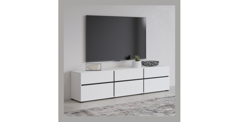 Meuble TV 180cm coloris blanc et noir collection HAVANA. Meuble design avec 3 portes et 3 tiroirs.