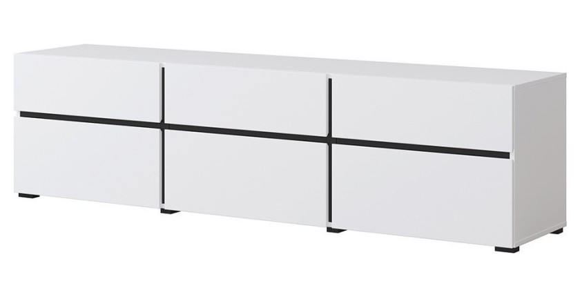 Meuble TV 180cm coloris blanc et noir collection HAVANA. Meuble design avec 3 portes et 3 tiroirs.