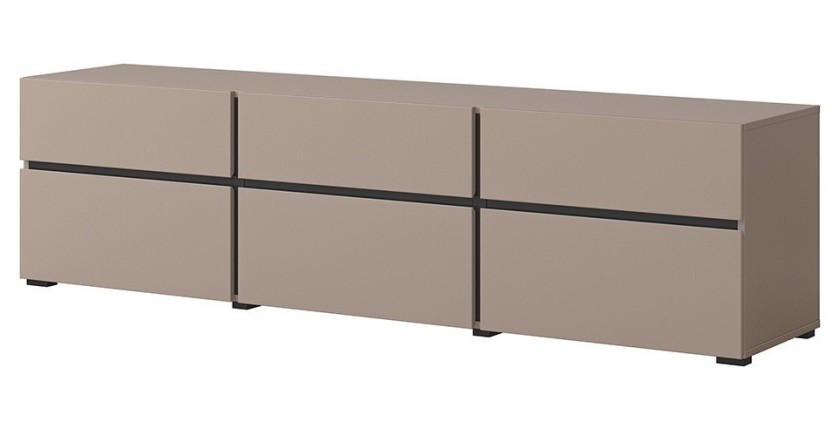 Meuble TV 180cm coloris beige et noir collection HAVANA. Meuble design avec 3 portes et 3 tiroirs.