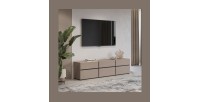 Meuble TV 180cm coloris beige et noir collection HAVANA. Meuble design avec 3 portes et 3 tiroirs.