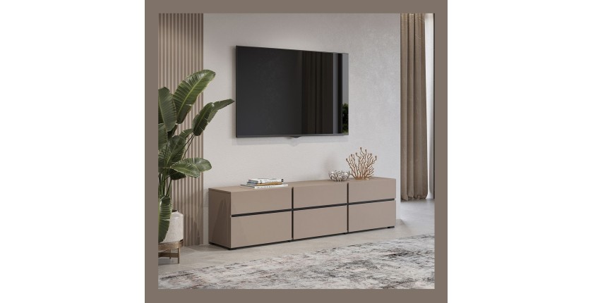 Meuble TV 180cm coloris beige et noir collection HAVANA. Meuble design avec 3 portes et 3 tiroirs.