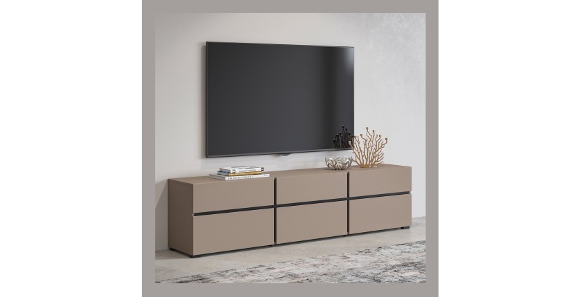 Meuble TV 180cm coloris beige et noir collection HAVANA. Meuble design avec 3 portes et 3 tiroirs.