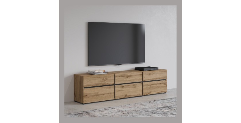 Meuble TV 180cm coloris chêne et noir collection HAVANA. Meuble design avec 3 portes et 3 tiroirs.