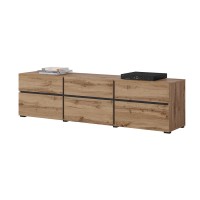 Meuble TV 180cm coloris chêne et noir collection HAVANA. Meuble design avec 3 portes et 3 tiroirs.