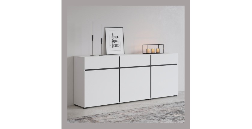 Buffet coloris blanc et noir 180cm collection HAVANA. Bahut  design avec 3 portes et 3 tiroirs.