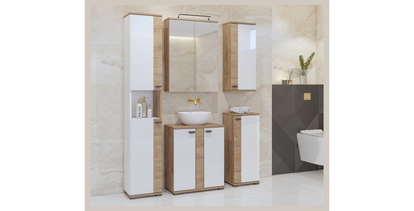 Colonne de salle de bain collection BALEA – 2 portes et 1 niche, coloris blanc et chêne