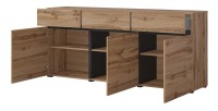 Buffet coloris chêne et noir 180cm collection HAVANA. Bahut  design avec 3 portes et 3 tiroirs.