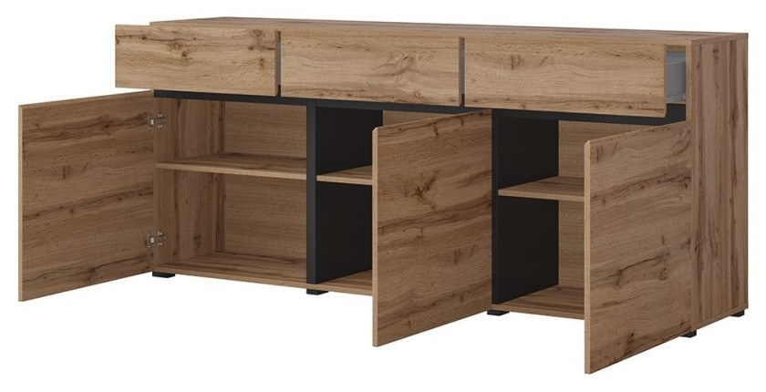 Buffet coloris chêne et noir 180cm collection HAVANA. Bahut  design avec 3 portes et 3 tiroirs.