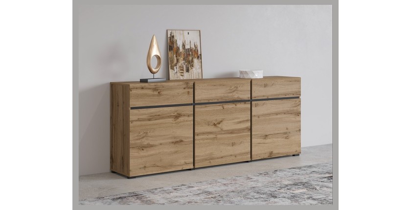 Buffet coloris chêne et noir 180cm collection HAVANA. Bahut  design avec 3 portes et 3 tiroirs.