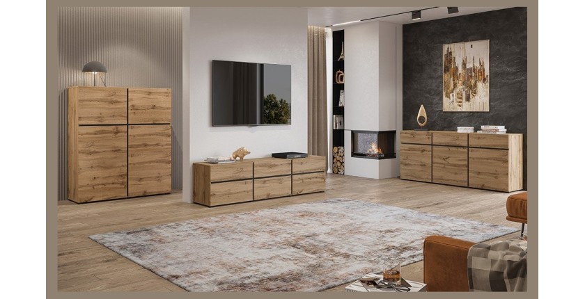 Buffet coloris chêne et noir 180cm collection HAVANA. Bahut  design avec 3 portes et 3 tiroirs.