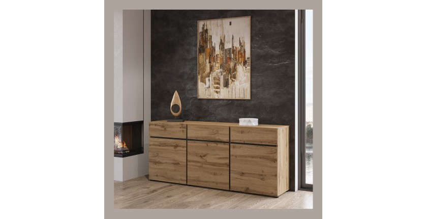 Buffet coloris chêne et noir 180cm collection HAVANA. Bahut  design avec 3 portes et 3 tiroirs.