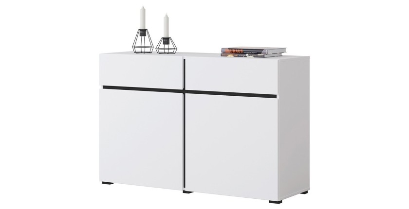 Buffet 120cm coloris blanc et noir collection HAVANA. Bahut  design avec 2 portes et 2 tiroirs.