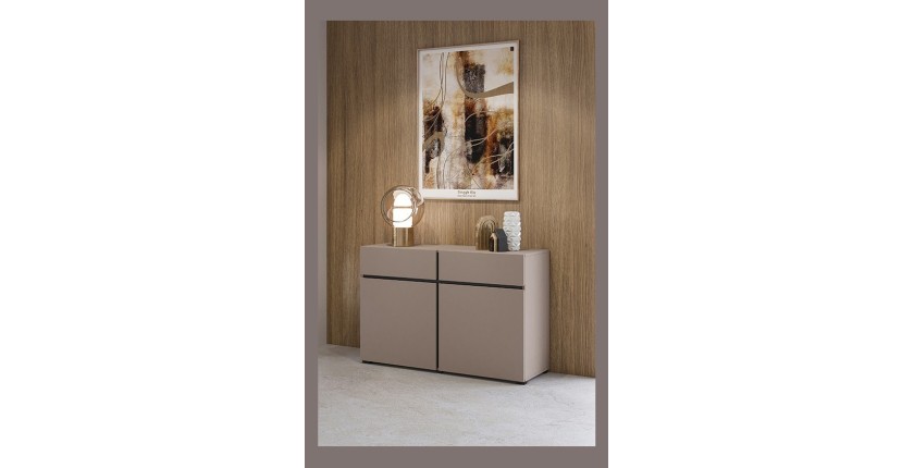 Buffet 120cm coloris beige et noir collection HAVANA. Bahut  design avec 2 portes et 2 tiroirs.