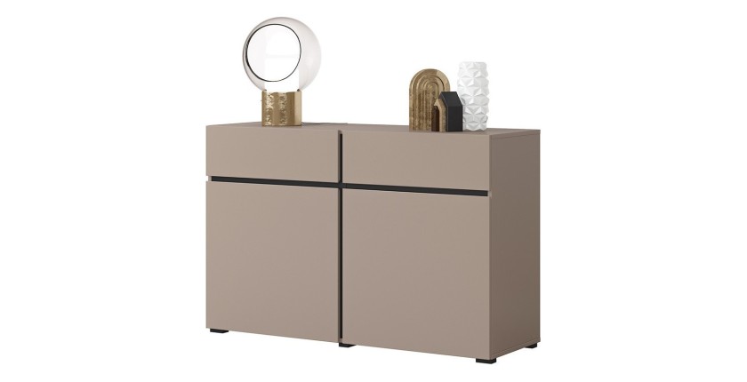 Buffet 120cm coloris beige et noir collection HAVANA. Bahut  design avec 2 portes et 2 tiroirs.