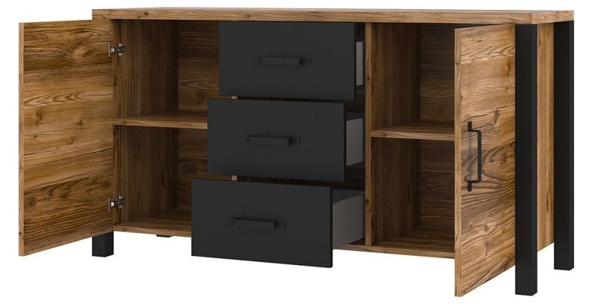 Buffet 150cm collection DARWIN. Couleur épicéa et noir. 2 portes et 3 tiroirs