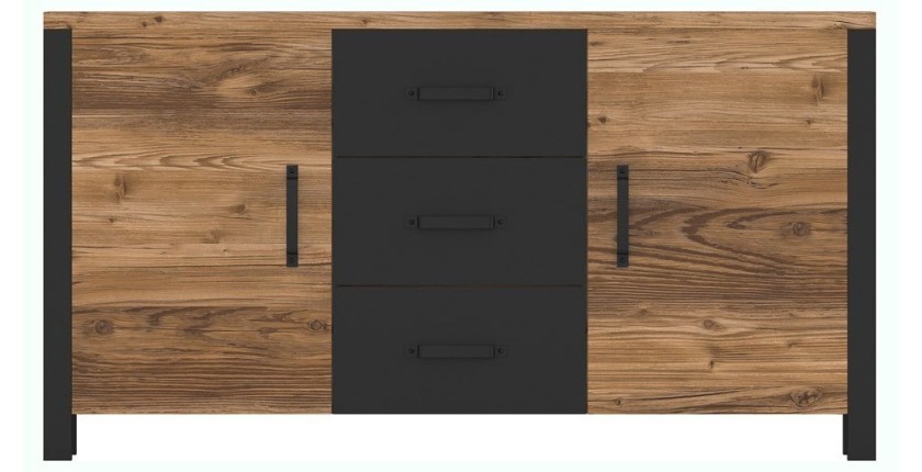 Buffet 150cm collection DARWIN. Couleur épicéa et noir. 2 portes et 3 tiroirs