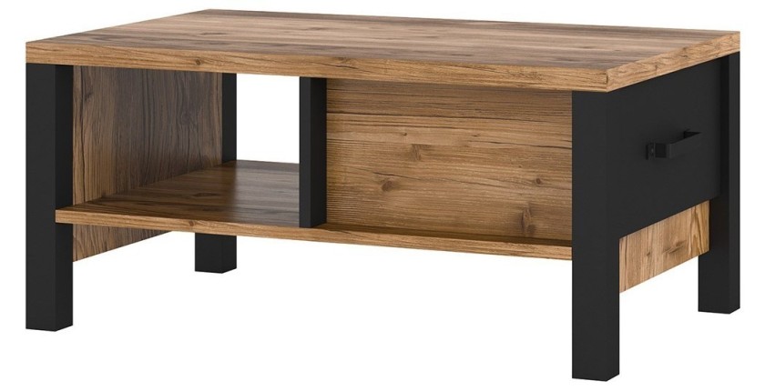 Table basse design collection DARWIN avec un tiroir et une niche. Couleur épicéa et noir.