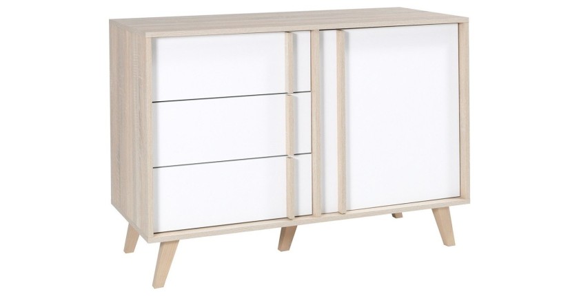 Commode 1 porte et 3 tiroirs MALMO coloris chêne clair et blanc