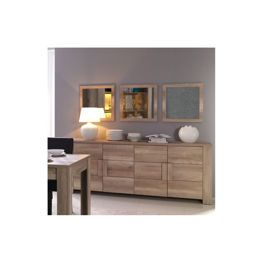 Buffet 4 portes FARRA chêne dab sonoma avec 3 miroirs carrés